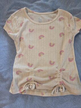 Girls Beige Rainbow Short Sleeve Tee with Ruched Ties